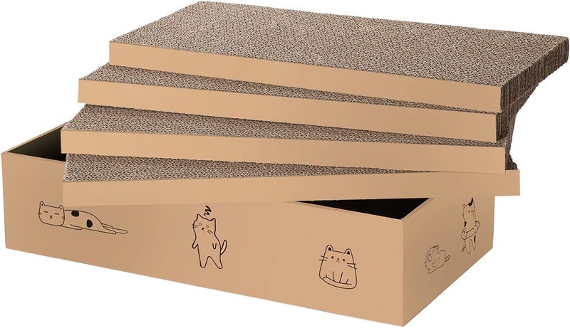 Mankaide 4 Packs in 1 Cat Scratch Pad with Box, Cat Scratcher Cardboard,Reversible,Durable Recyclable Cardboard, Suitable for Cats to Rest, Grind Claws and Play with Scratch Box - Image 1